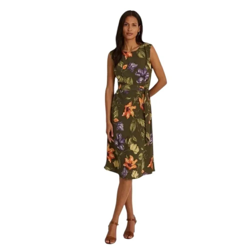 Lauren Ralph Lauren Floral Belted Crepe Dress Olive Green Women's Plus Size 16
